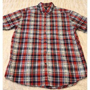 Duke's Short-Sleeve Red, Navy Blue & White Plaid Button-Down Shirt Men's Size L